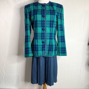 Vintage 80s Leslie Fay Teal Pink Plaid Houndstooth Skirt Suit Set 12 Petite 12P